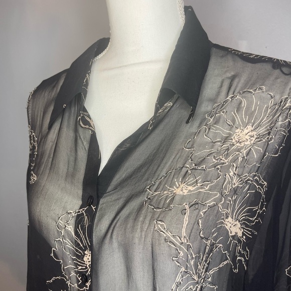 Ice Sheer Black Floral Embroidered Beaded Button-Up Blouse Large - Picture 3 of 10
